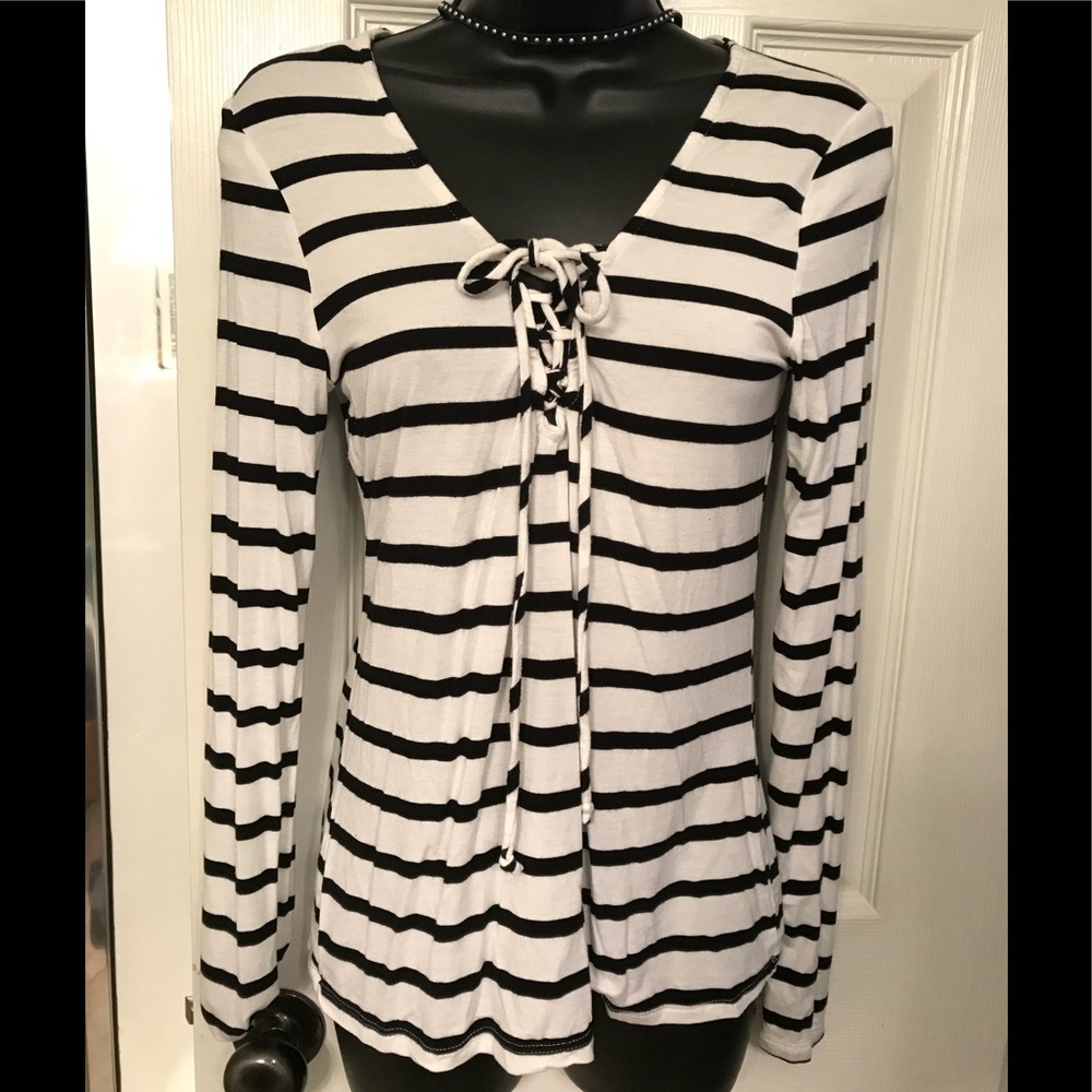 Striped black & white tie up shirt